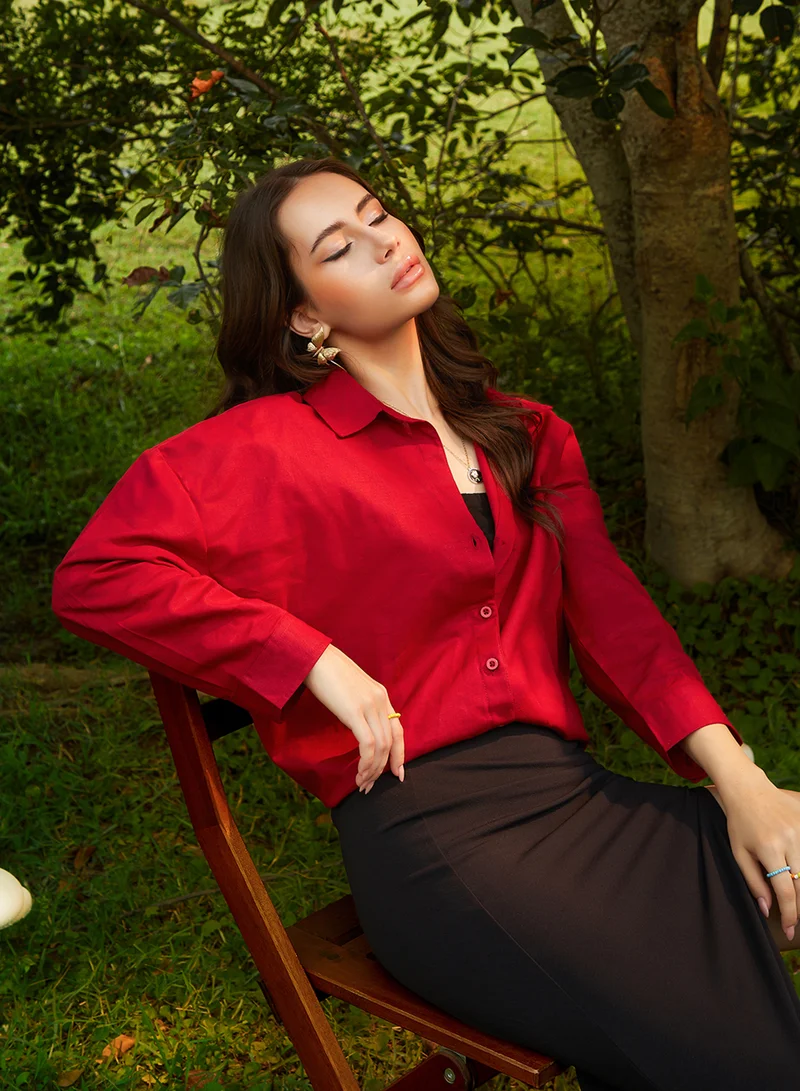 كامبوس سوترا Women's Crimson Red Solid Oversized Shirt For Casual Wear | Spread Collar | Long Sleeve | Button Closure | Oversized Shirt Crafted With Comfort Fit For Everyday Wear